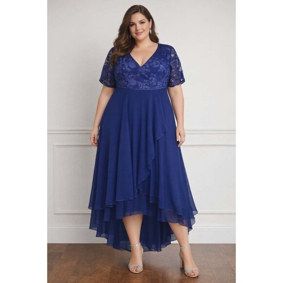 FlyCurvy Dresses & Skirts - Blue Lace Chiffon Evening Gown Dress Floral V-Neck Sleeves High-Low Hem Size 2XL